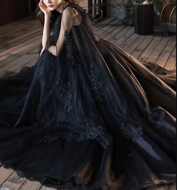 Black V neck Tulle Lace Long Prom Dresses, Elegant Formal Evening Dresses HZ1023
